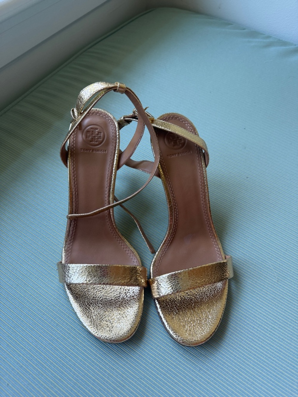 Never Worn! Tory Burch Elena Metallic Gold Leather Ankle-Strap Sandals